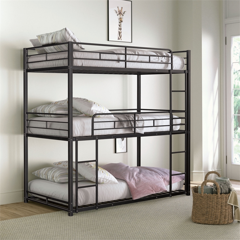 Furniture of America Wilsin Metal Triple Twin Bunk Bed with Ladders in Black