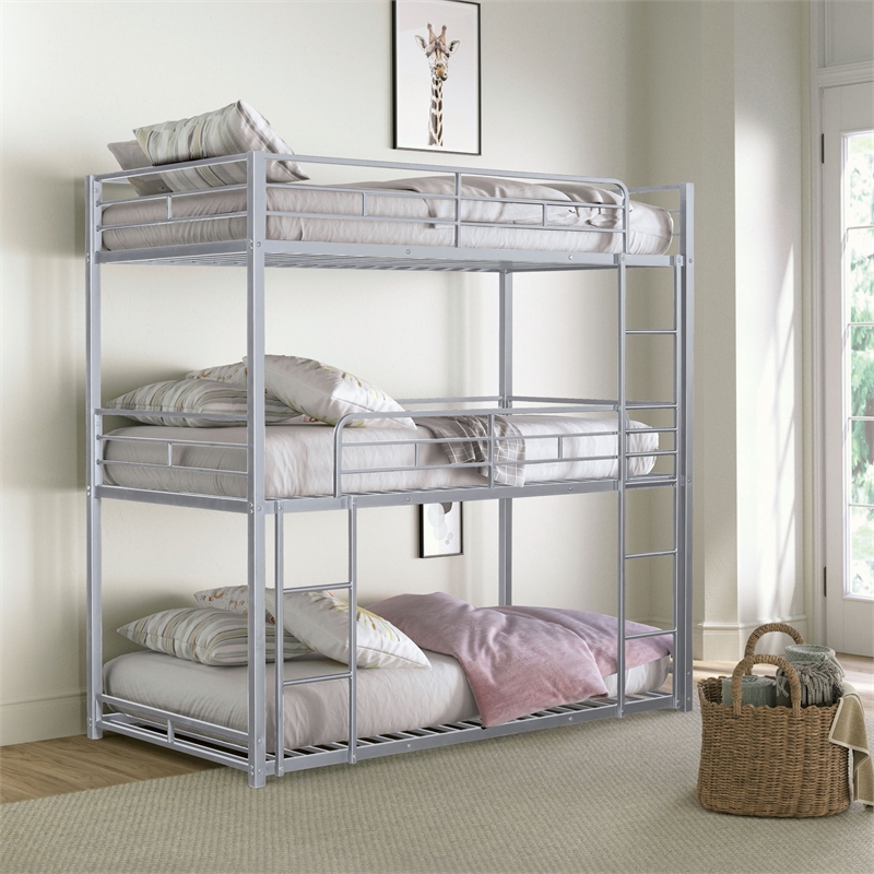 Furniture of America Wilsin Metal Triple Twin Bunk Bed with Ladders in Silver