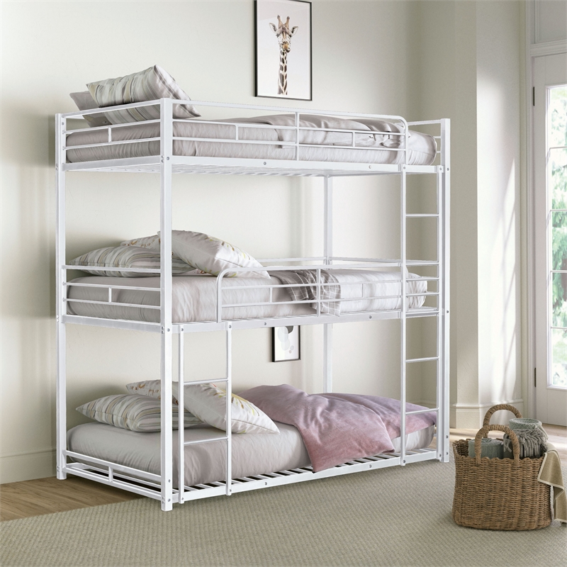 Furniture of America Wilsin Metal Triple Twin Bunk Bed with Ladders in White