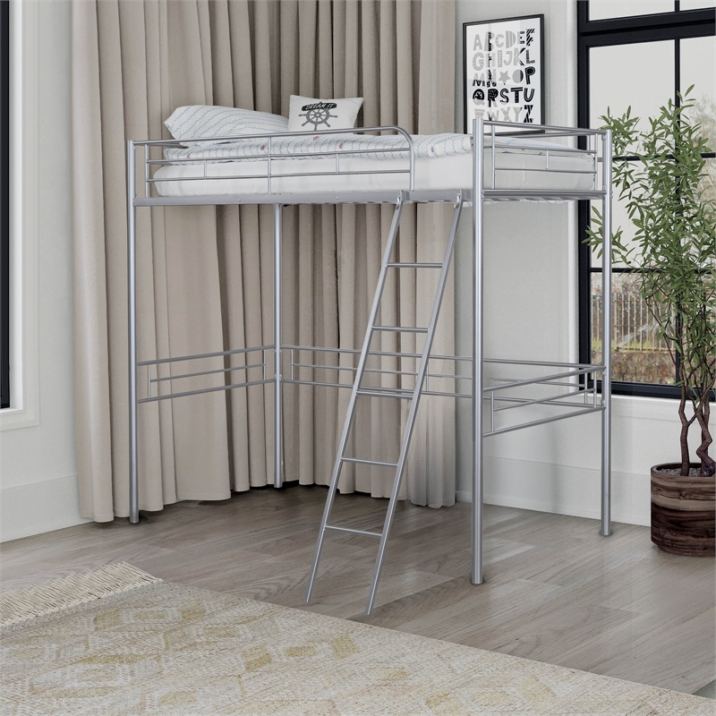 Furniture of America Irona Metal Twin Loft Bed with Angled Ladder in Silver