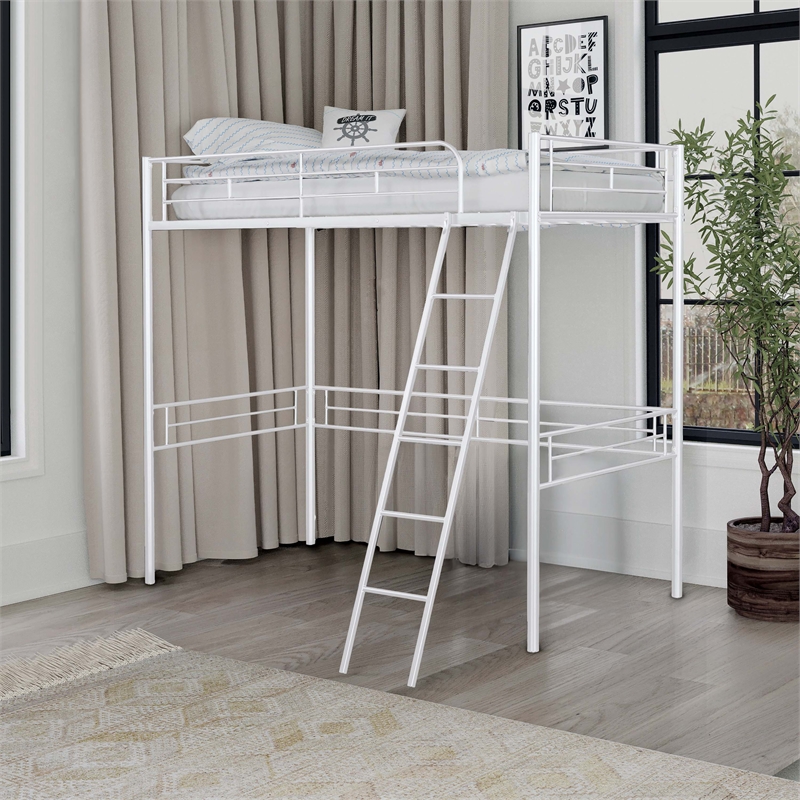 Furniture of America Irona Metal Twin Loft Bed with Angled Ladder in White