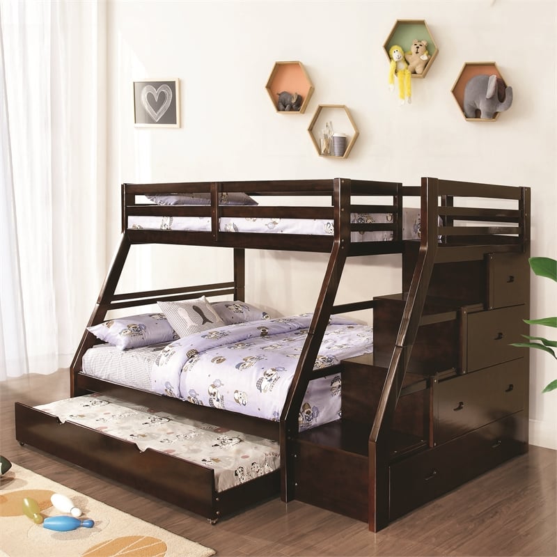 FOA Ollenta 2pc Espresso Wood 4-Drawer Twin over Full Bunk Bed with Trundle Set