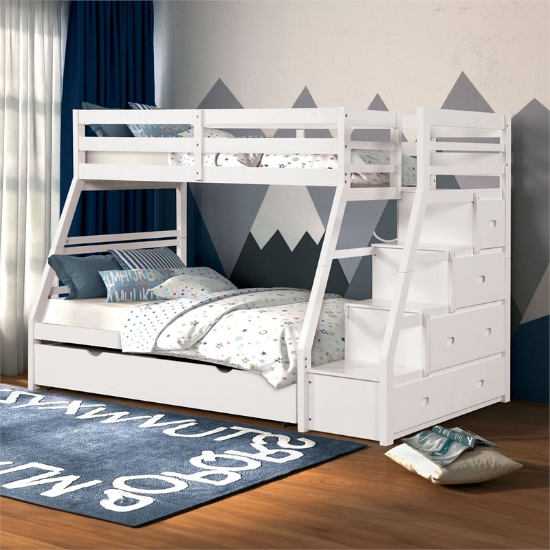 FOA Ollenta 2pc White Wood 4-Drawer Twin over Full Bunk Bed with Trundle Set