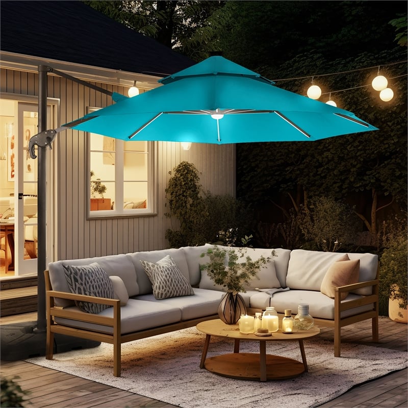 Furniture of America Pallend Aluminum LED 10' Double Top Round Umbrella in Teal