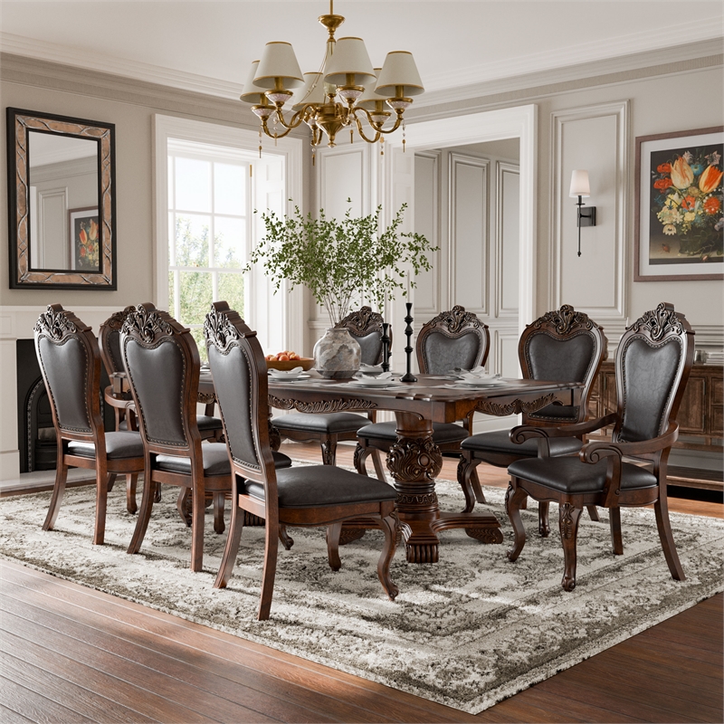 Furniture of America Albernit Solid Wood 9-Piece Expandable Dining Set in Cherry