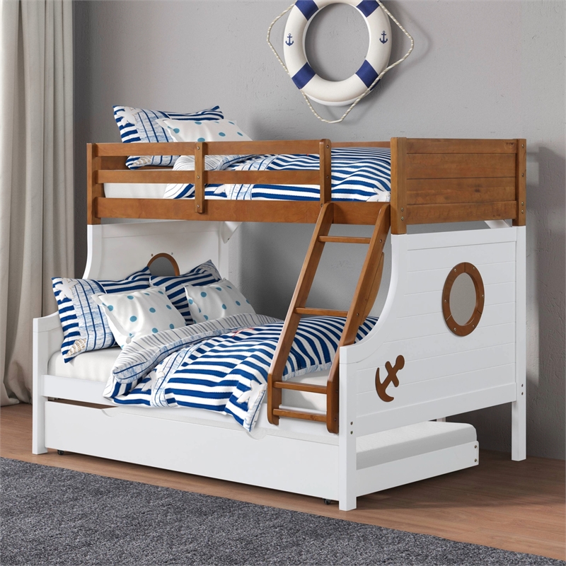 FOA Flivio 2pc Solid Wood Twin over Full Bunk Bed with Trundle Set in Oak