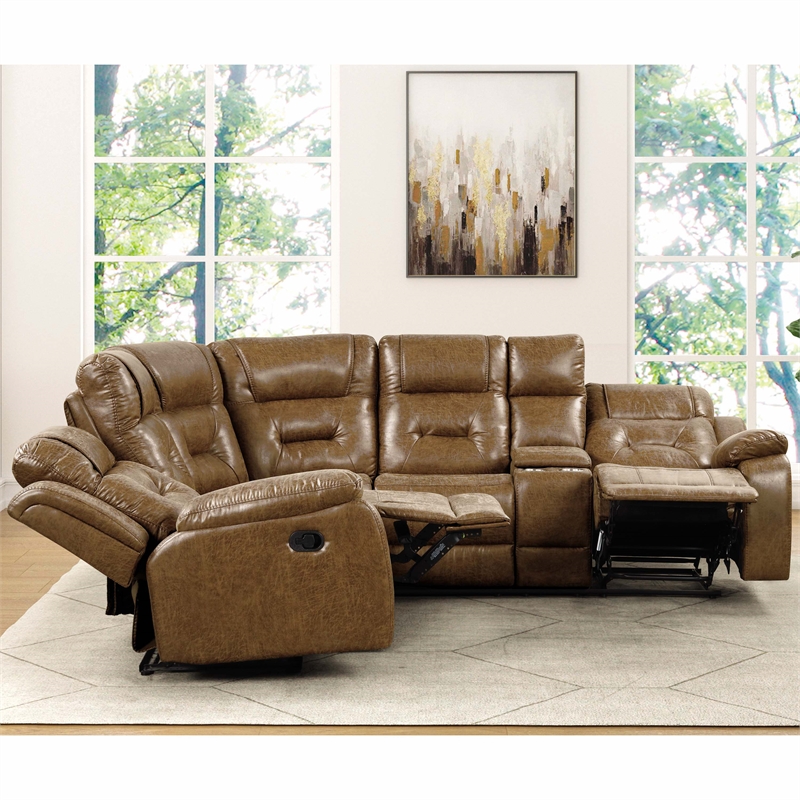 Furniture of America Ranshell Faux Leather Storage Sectional with USBs in Brown