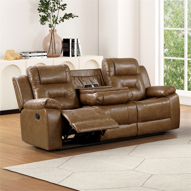 Furniture of America Ranshell Faux Leather Sofa with Drop-Down Table in Brown