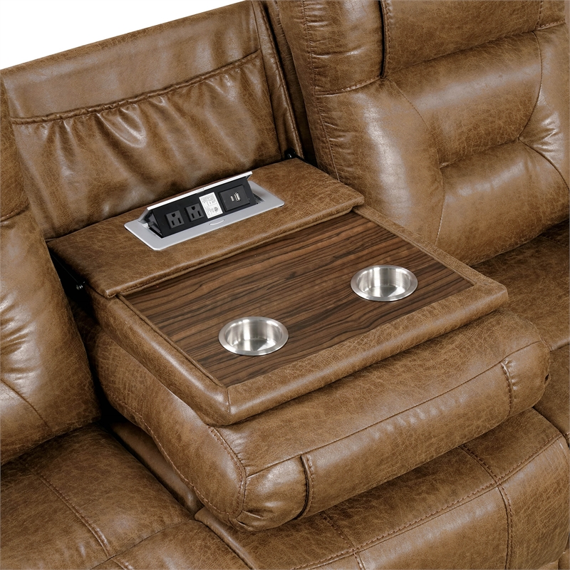 Furniture of America Ranshell Faux Leather Sofa with Drop-Down Table in Brown