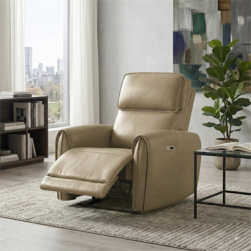 Furniture of America Alipark Faux Leather Power Recliner with USB Ports in Beige