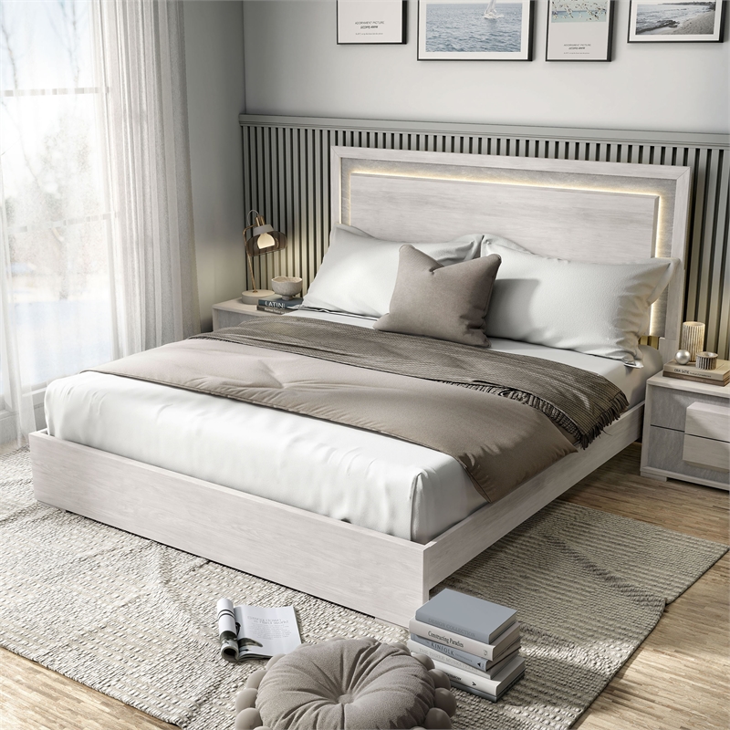 Furniture of America Sable LED Light Wood Eastern King Bed in Washed White