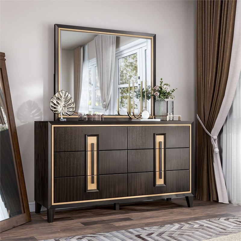 FOA Wenton 2-Piece 6-Drawer Solid Wood Dresser and Mirror Set in Espresso