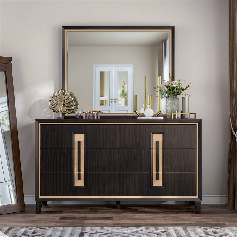 FOA Wenton 2-Piece 6-Drawer Solid Wood Dresser and Mirror Set in Espresso