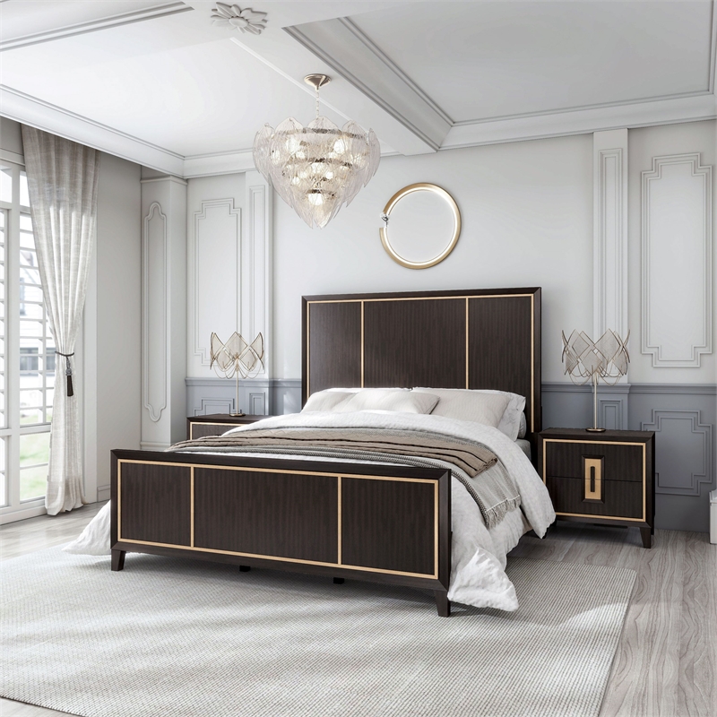 FOA Wenton 3-Piece Espresso Solid Wood Bedroom Set - King + 2 Nightstands