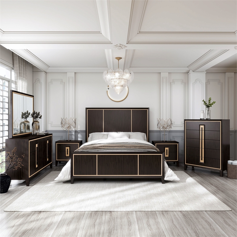 FOA Wenton 6pc Espresso Wood Bed Set - King+2 Nightstands+Chest+Dresser+Mirror