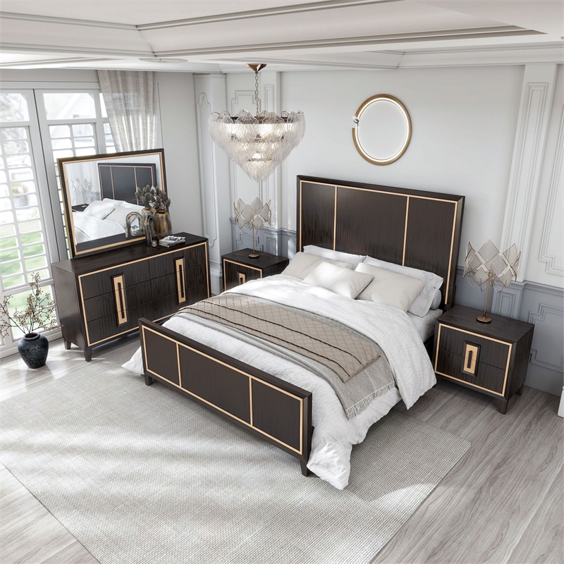FOA Wenton 5pc Espresso Wood Bed Set - King + 2 Nightstands + Dresser + Mirror