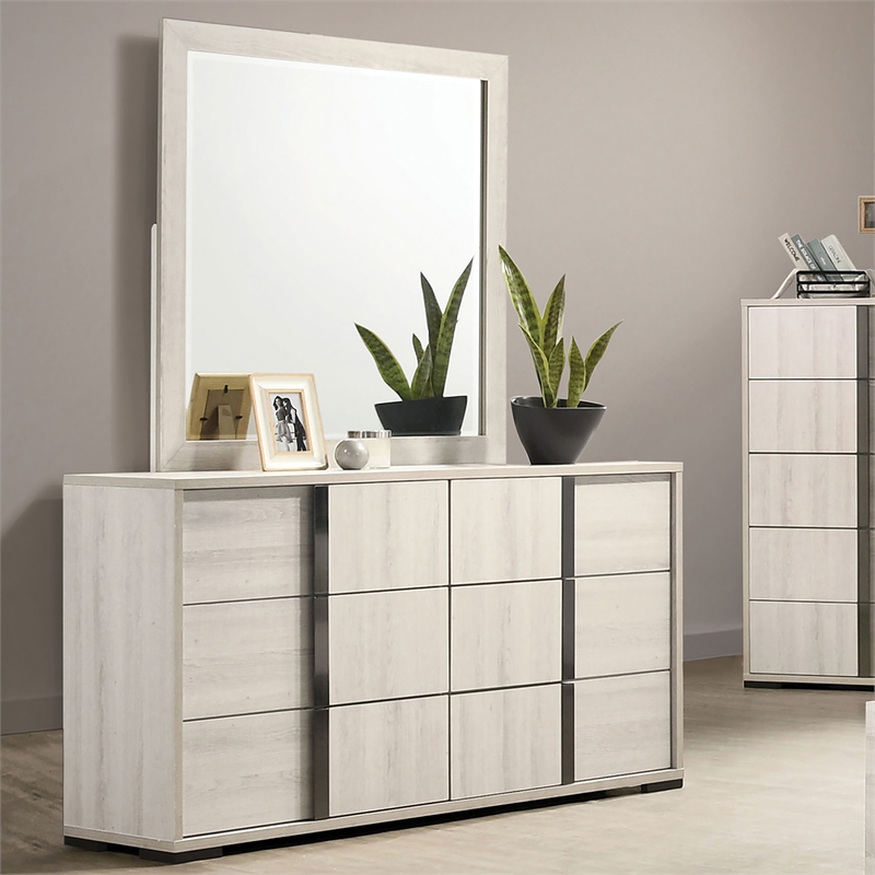 FOA Turntile 2-Piece 6-Drawer Wood Dresser and Mirror Set in Washed White