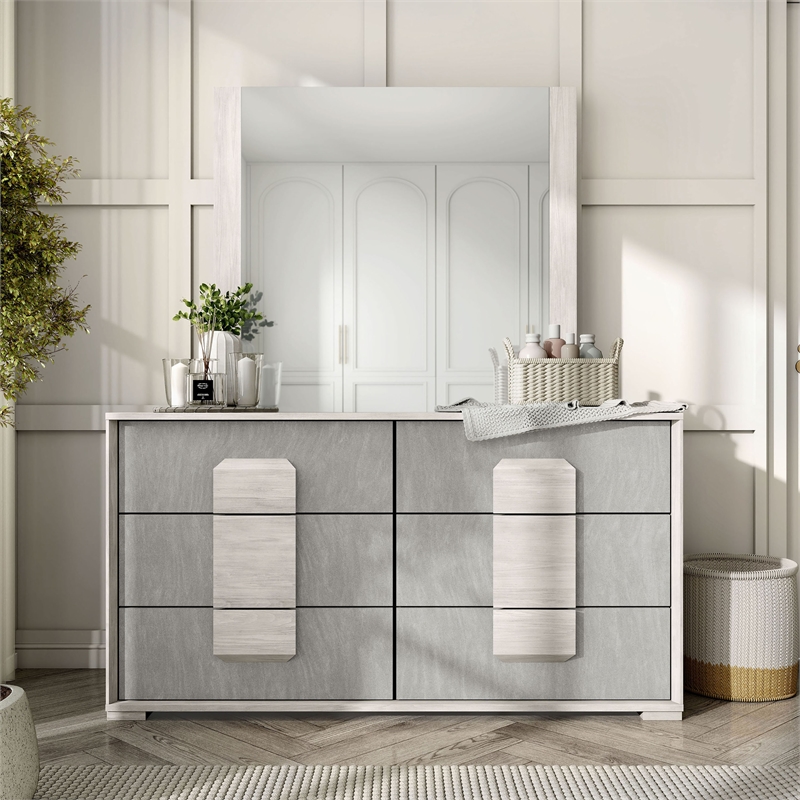 FOA Sable 2-Piece 6-Drawer Wood Dresser and Mirror Set in Washed White