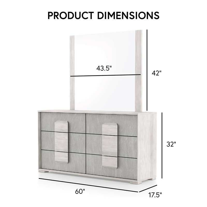FOA Sable 2-Piece 6-Drawer Wood Dresser and Mirror Set in Washed White