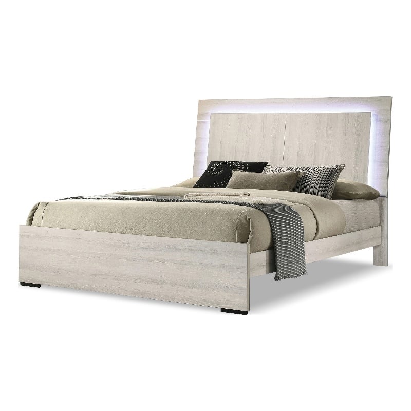 Furniture of America Turntile LED Light Wood Eastern King Bed in Washed White