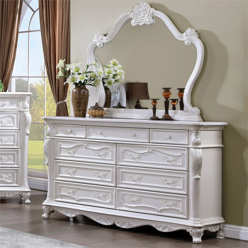 FOA Elloise 2-Piece 9-Drawer Solid Wood Dresser and Mirror Set in White