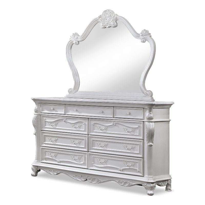 FOA Elloise 2-Piece 9-Drawer Solid Wood Dresser and Mirror Set in White