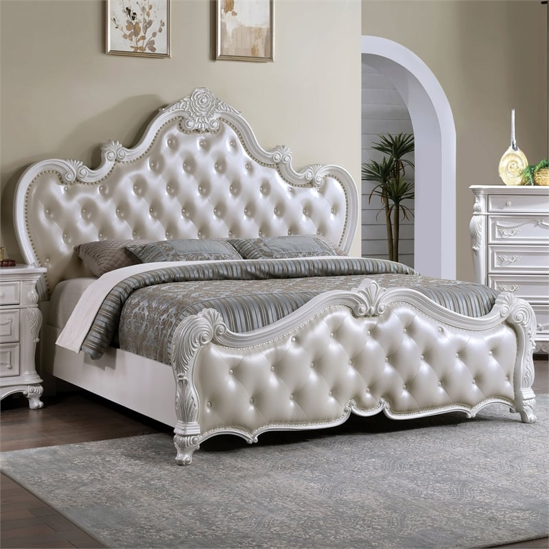 Furniture of America Elloise Tufted Faux Leather Eastern King Bed in White