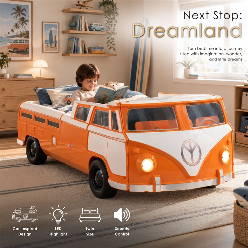 Furniture of America Shelline Peace Bus Wood Twin Kid Bed with LED in Orange