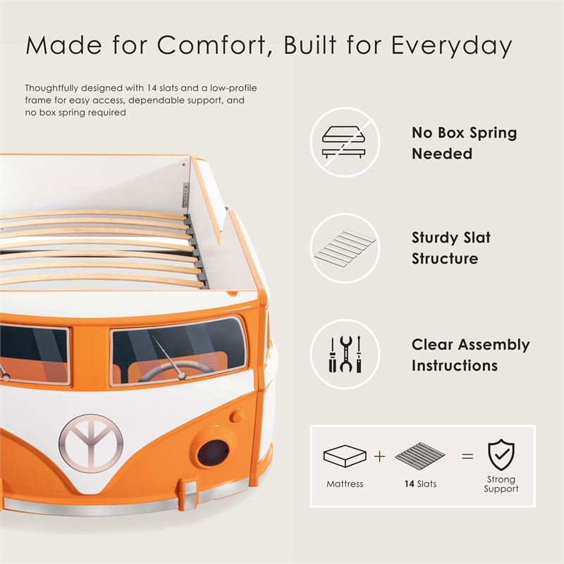 Furniture of America Shelline Peace Bus Wood Twin Kid Bed with LED in Orange