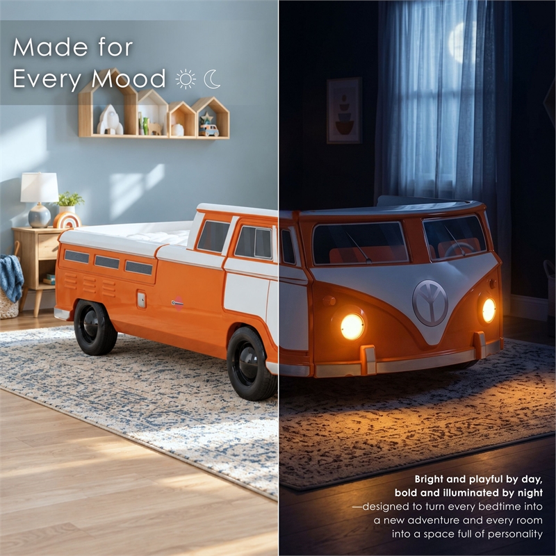 Furniture of America Shelline Peace Bus Wood Twin Kid Bed with LED in Orange