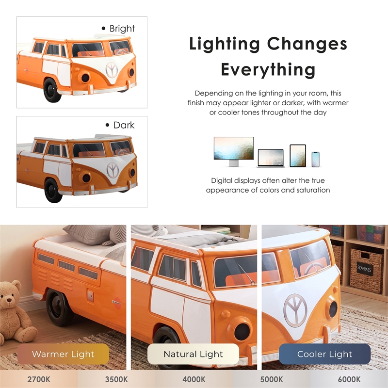 Furniture of America Shelline Peace Bus Wood Twin Kid Bed with LED in Orange