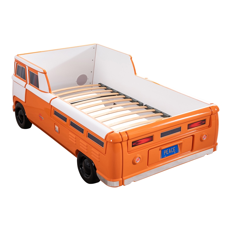 Furniture of America Shelline Peace Bus Wood Twin Kid Bed with LED in Orange