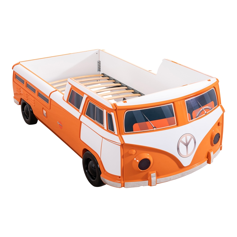 Furniture of America Shelline Peace Bus Wood Twin Kid Bed with LED in Orange