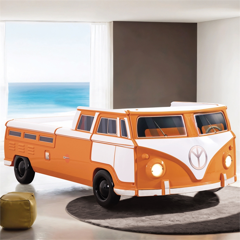 Furniture of America Shelline Peace Bus Wood Twin Kid Bed with LED in Orange
