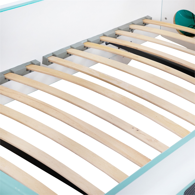 Furniture of America Shelline Peace Bus Wood Twin Kid Bed with LED in Teal