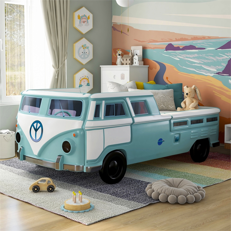 Furniture of America Shelline Peace Bus Wood Twin Kid Bed with LED in Teal