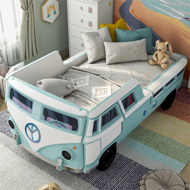 Furniture of America Shelline Peace Bus Wood Twin Kid Bed with LED in Teal