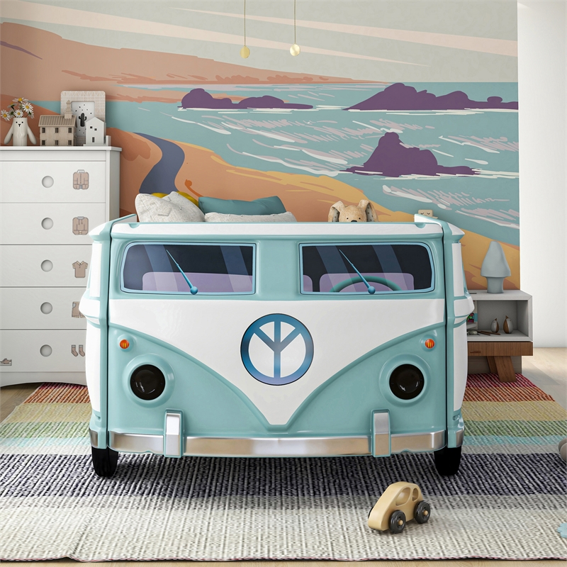 Furniture of America Shelline Peace Bus Wood Twin Kid Bed with LED in Teal