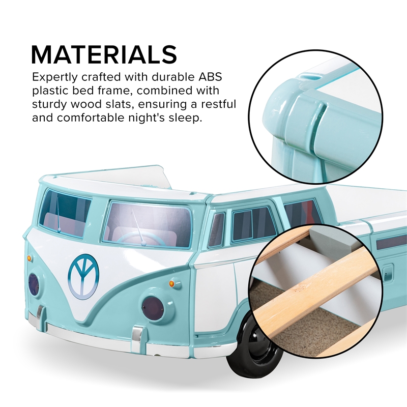 Furniture of America Shelline Peace Bus Wood Twin Kid Bed with LED in Teal