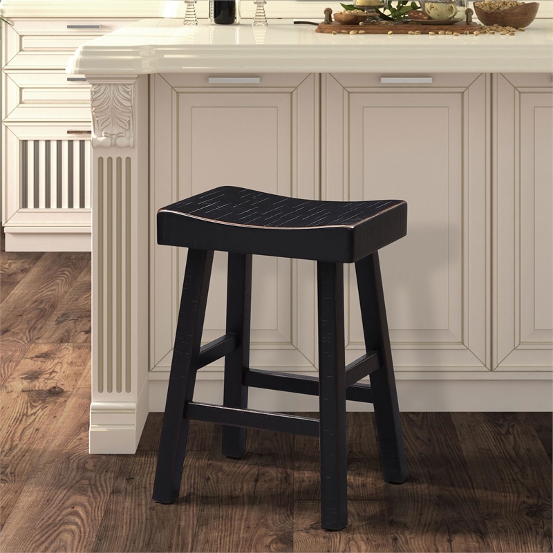 Furniture of America Fuller Solid Wood Saddle 24-inch Stools in Black (Set of 2)