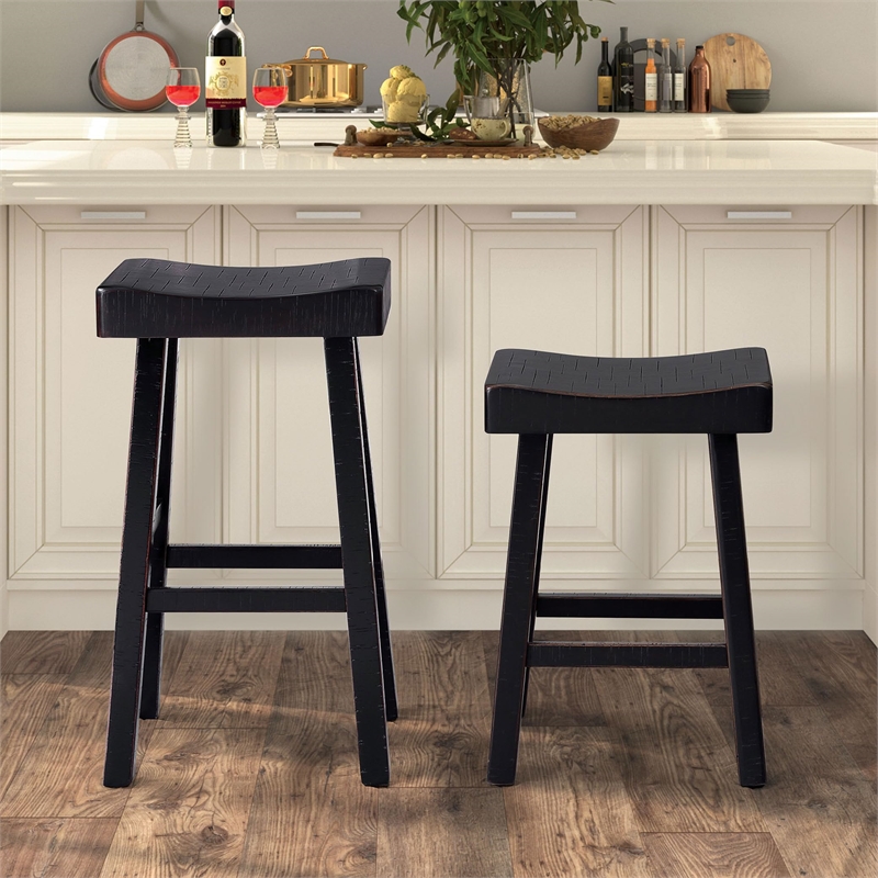Furniture of America Fuller Solid Wood Saddle 24-inch Stools in Black (Set of 2)