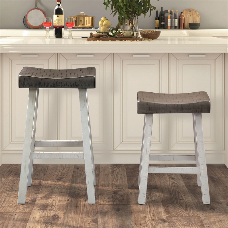 Furniture of America Fuller Solid Wood Saddle 24-inch Stools in Gray (Set of 2)