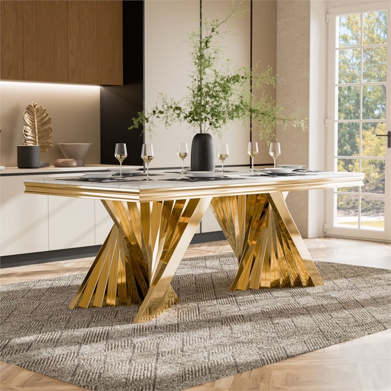 Furniture of America Odann Stainless Steel Dining Table in Gold and White