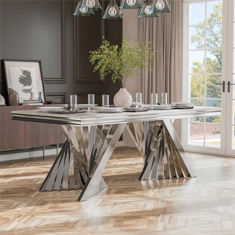 Furniture of America Odann Stainless Steel Dining Table in Chrome and White