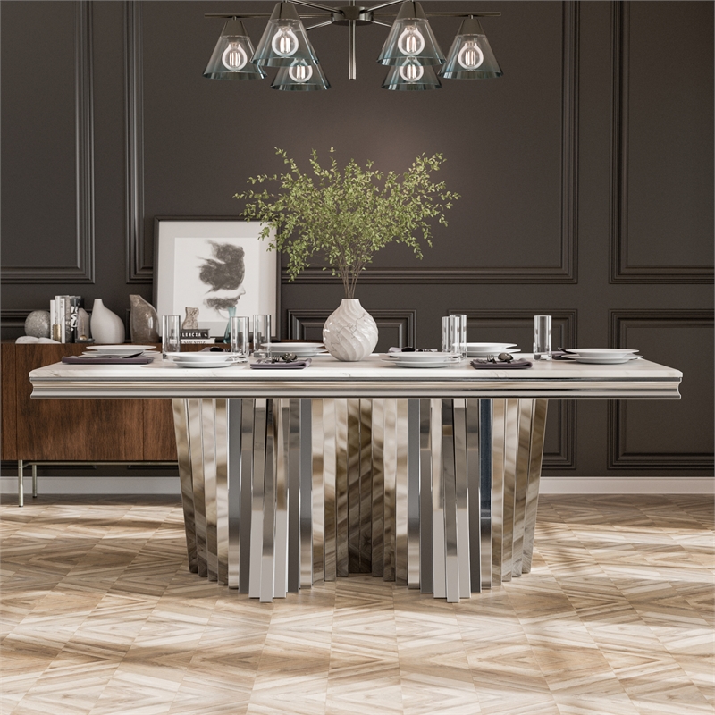 Furniture of America Odann Stainless Steel Dining Table in Chrome and White