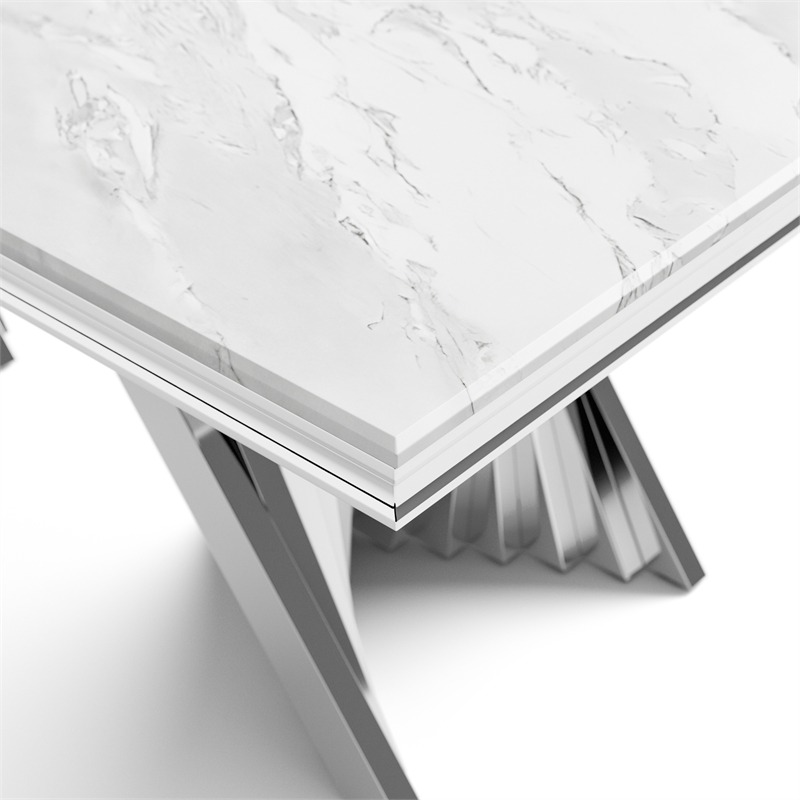 Furniture of America Odann Stainless Steel Dining Table in Chrome and White