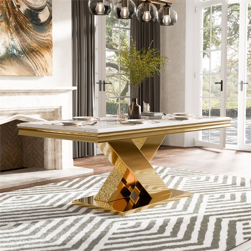 Furniture of America Sergy Stainless Steel Dining Table in Gold and White