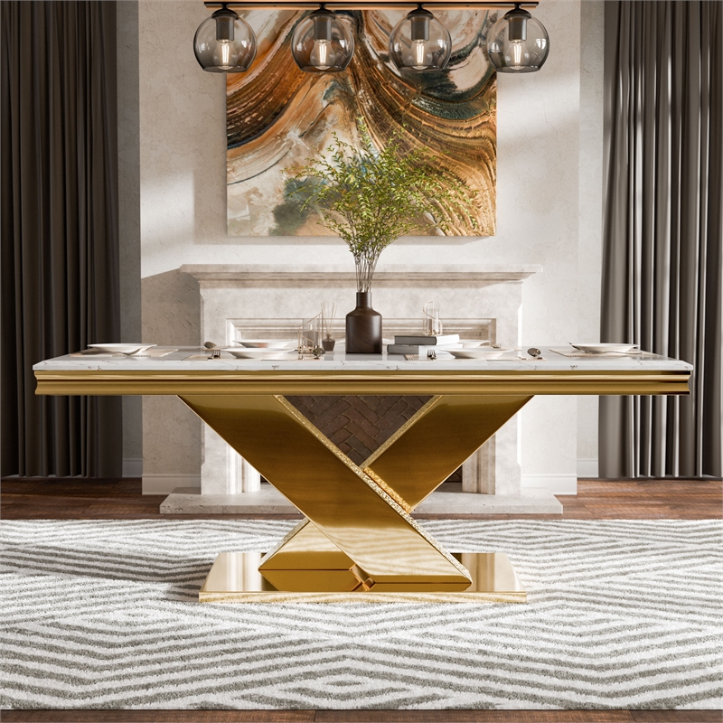 Furniture of America Sergy Stainless Steel Dining Table in Gold and White