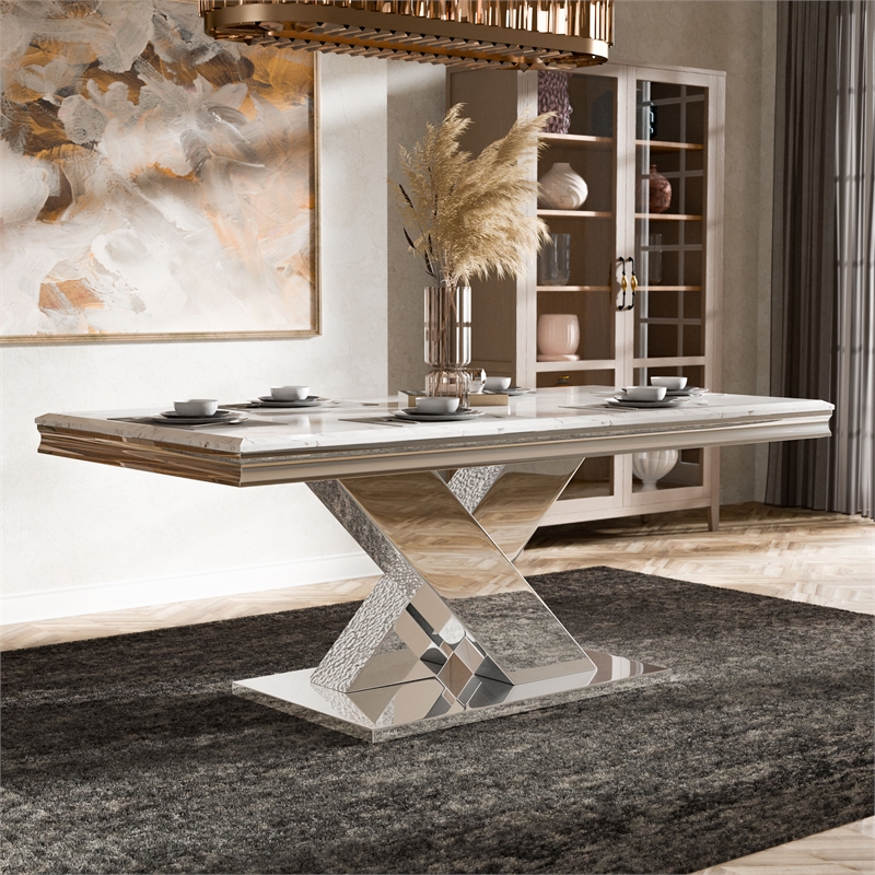 Furniture of America Sergy Stainless Steel Dining Table in Chrome and White