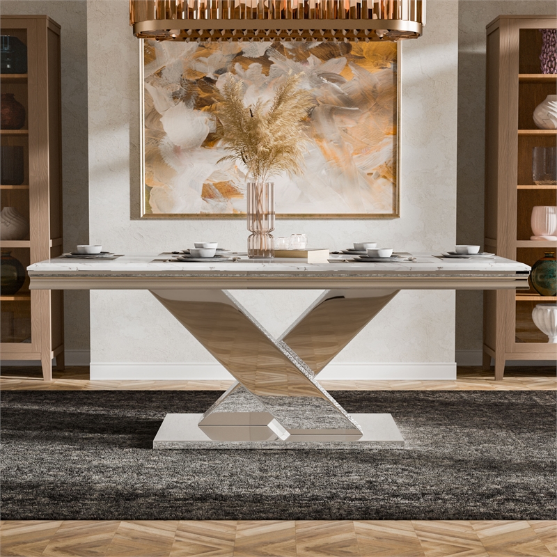 Furniture of America Sergy Stainless Steel Dining Table in Chrome and White